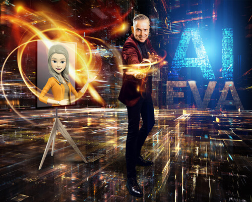 Goochelaar met Avatar assistent op futuritisch podium