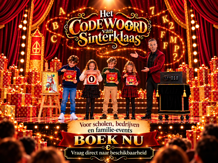Promotiebeeld van Het Codewoord van Sinterklaas, een interactieve Sinterklaasshow van Goochelaar van Breda met kinderen, magie en een mysterieuze kluis.